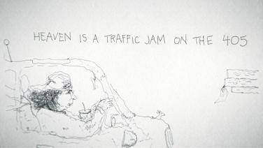 A crude ink-on-paper drawing of a man driving a car while holding a fast food cup with the text "Heaven Is a Traffic Jam on the 405" above it.