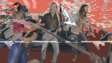 A digitally distorted colorful collage of three musicians in various action poses.